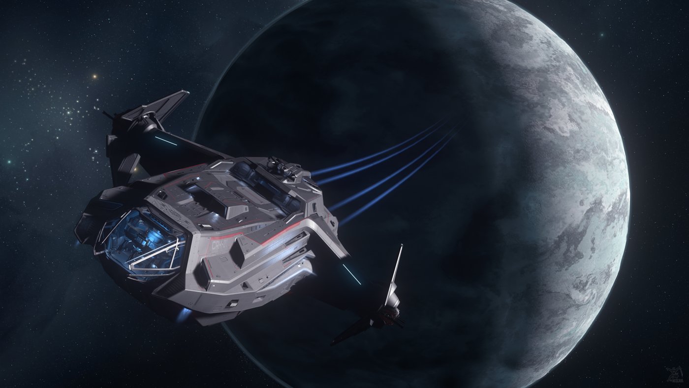 Una nave Carrack despegando de la luna Wala
