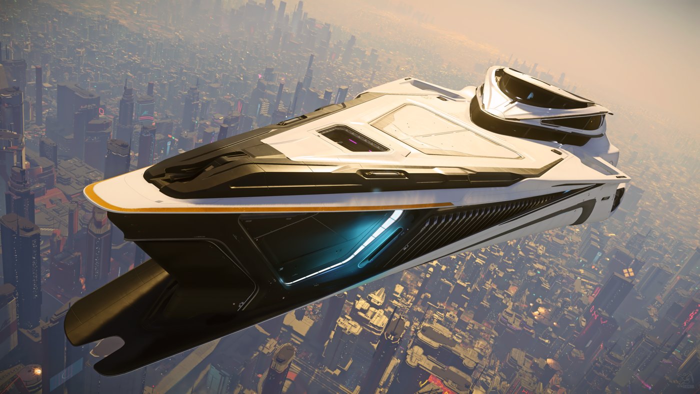 Una nave 890 Jump sobrevolando Area18